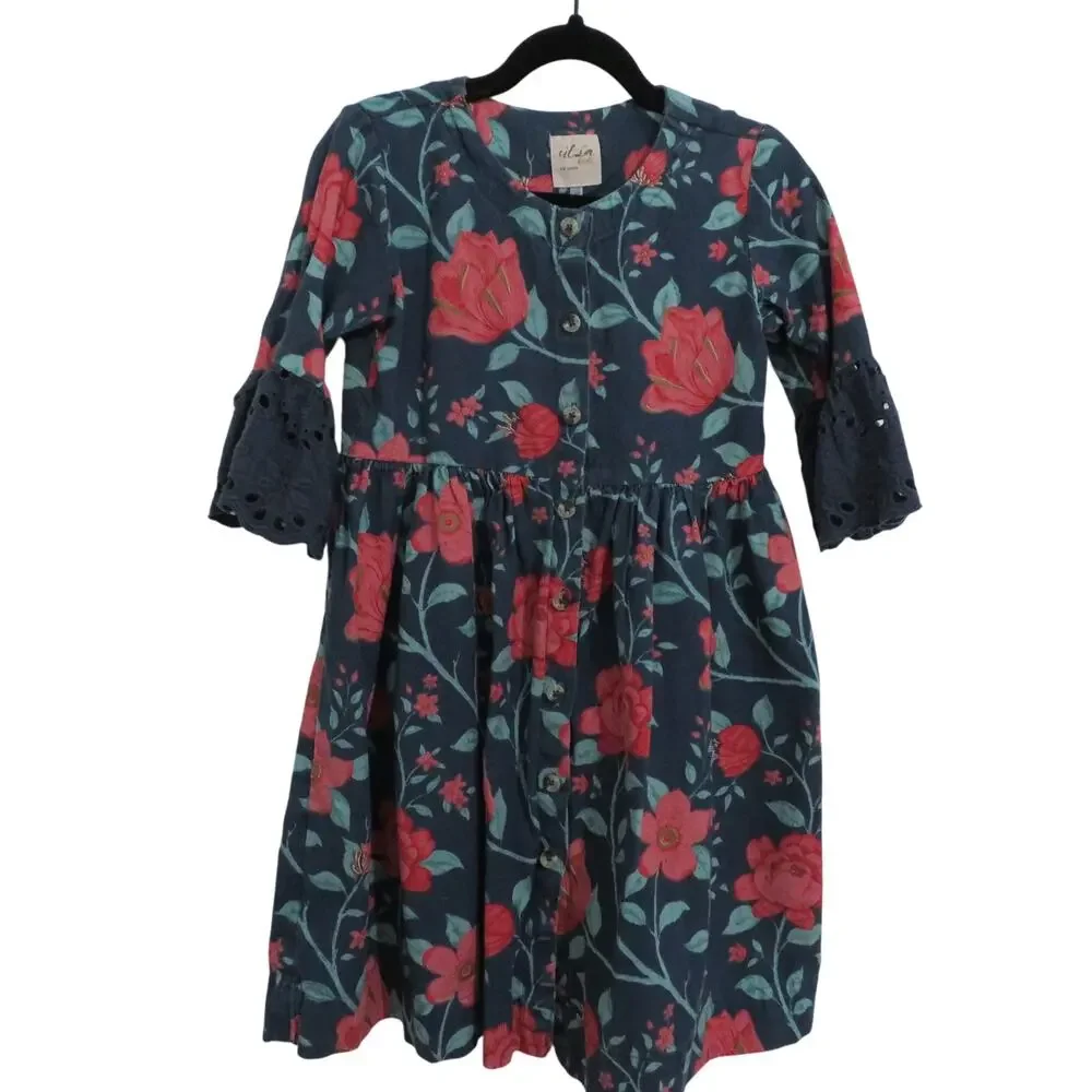 Utsa Kids Size 5-6 Years Blue Pink Floral Dress 3/4 Ruffle Sleeve